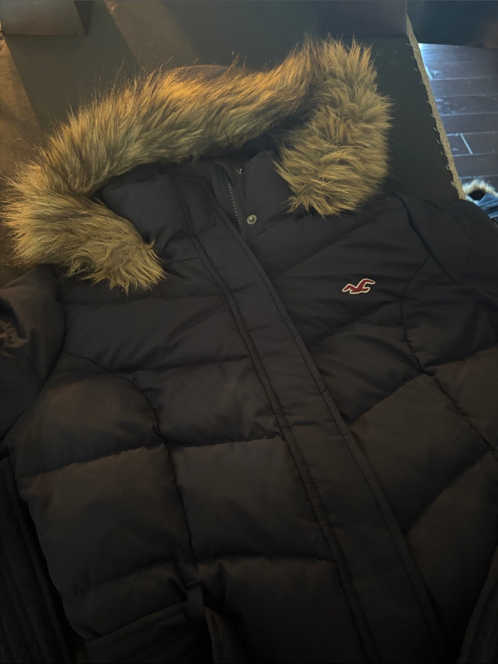 Hollister Navy Blue Puffer Jacket with Faux Fur Trim